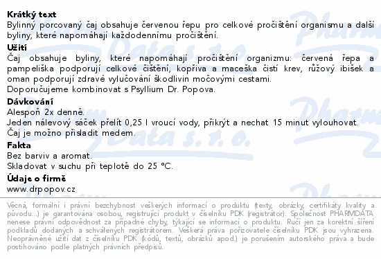 Bylinný porcovaný čaj obsahuje červenou řepu pro celkové pročištění organismu a další byliny, které napomáhají každodennímu pročištění.