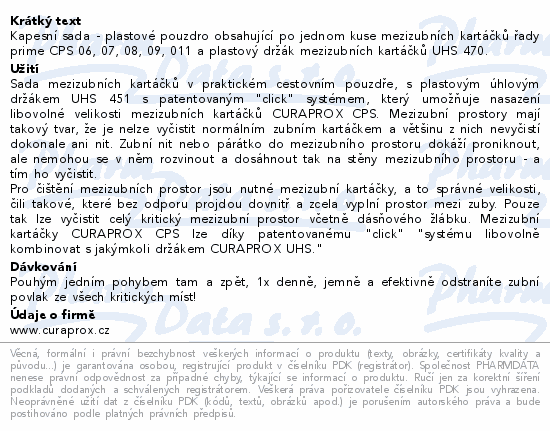 Kapesní sada - plastové pouzdro obsahující po jednom kuse mezizubních kartáčků řady prime CPS 06, 07, 08, 09, 011 a plastový držák mezizubních kartáčků UHS 470.