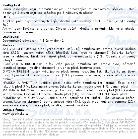 Směs ovocných čajů aromatizovaných, porcovaných v nálevových sáčcích. Balení obsahuje 6 druhů čajů, od každého po 5 nálevových sáčcích.