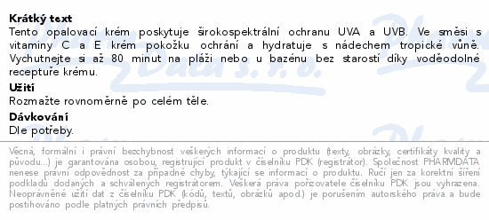 Tento opalovací krém poskytuje širokospektrální ochranu UVA a UVB. Ve směsi s vitaminy C a E krém  pokožku ochrání a hydratuje s nádechem tropické vůně. Vychutnejte si až 80 minut na pláži nebo u bazénu bez starostí díky voděodolné receptuře  krému.
