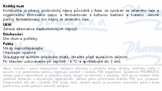 Kombucha je zdravý, probiotický nápoj původně z Asie. Je vyroben ze zeleného čaje a organického třtinového cukru a fermentován s kulturou bakterií a kvasnic. Jemně perlivý fermentovaný bio nápoj ze zeleného čaje.