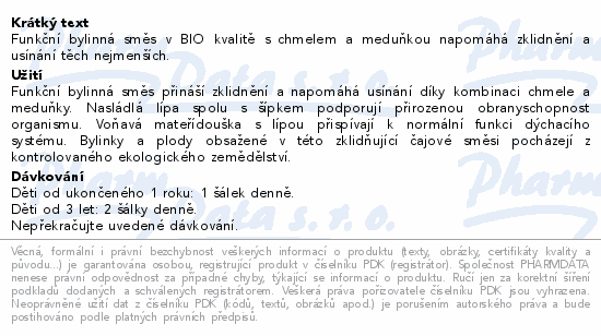 Funkční bylinná směs v BIO kvalitě s chmelem a meduňkou napomáhá zklidnění a usínání těch nejmenších.
