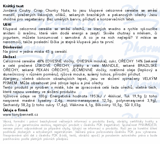 Jordans Coutry Crisp Chunky Nuts, to jsou křupavé celozrnné cereálie se směsí mandlí, pražených lískových oříšků, sekaných brazilských a pekanových ořechy. Jsou vhodné pro vegetariány. Bez umělých barviv, příchutí a konzervačních látek.