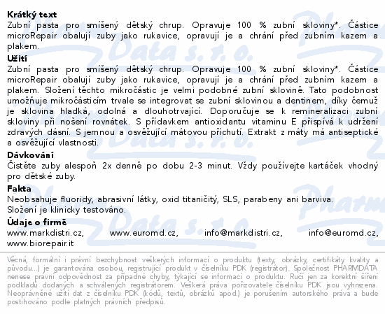Zubní pasta pro smíšený dětský chrup. Opravuje 100 % zubní skloviny*. Částice microRepair obalují zuby jako rukavice, opravují je a chrání před zubním kazem a plakem.