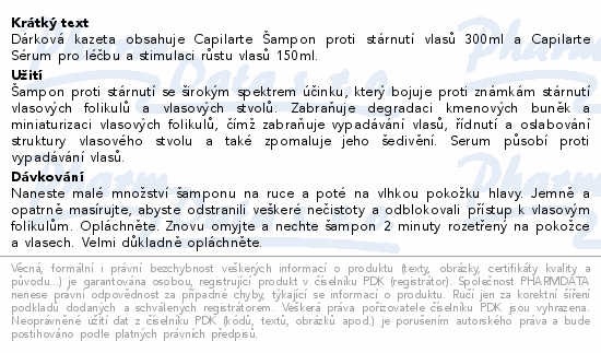 Dárková kazeta obsahuje Capilarte Šampon proti stárnutí vlasů 300ml a Capilarte Sérum pro léčbu a stimulaci růstu vlasů 150ml.