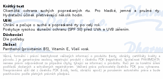 Okamžitá ochrana suchých popraskaných rtu. Pro hladké, jemné a pružné rty. Hydratační účinek přetrvávající několik hodin.
