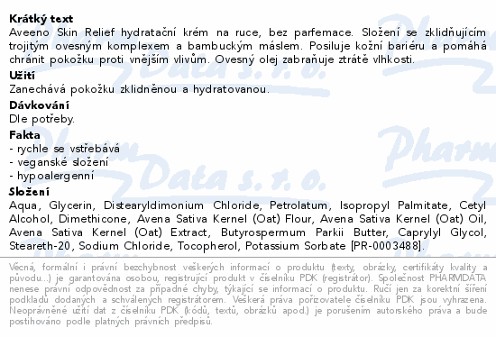 Aveeno Skin Relief hydratační krém na ruce, bez parfemace. Složení se zklidňujícím trojitým ovesným komplexem a bambuckým máslem. Posiluje kožní bariéru a pomáhá chránit pokožku proti vnějším vlivům. Ovesný olej zabraňuje ztrátě vlhkosti.