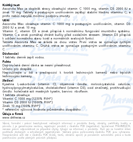 Ascorvita Max je doplněk stravy obsahující vitamin C 1000 mg, vitamin D3 2000 IU a zinek 10 mg. Tablety s postupným uvolňováním zajišťují stabilní hladinu vitamínu C, a proto nabízí nejvyšší možnou podporu imunity.