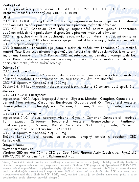 Set tří produktů v jedno balení CBD GEL COOL 75ml + CBD GEL HOT 75ml pro intenzivní masáž + Konopný olej CBD 10% 10 ml.