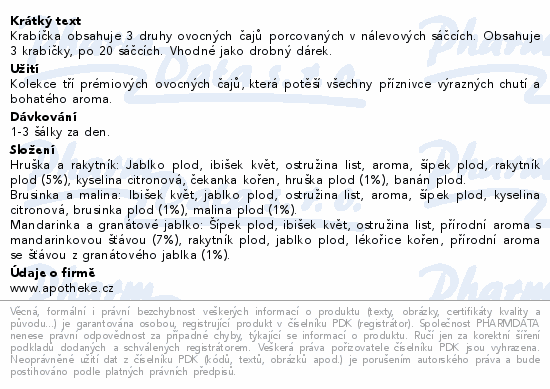 Krabička obsahuje 3 druhy ovocných čajů porcovaných v nálevových sáčcích. Obsahuje 3 krabičky, po 20 sáčcích. Vhodné jako drobný dárek.