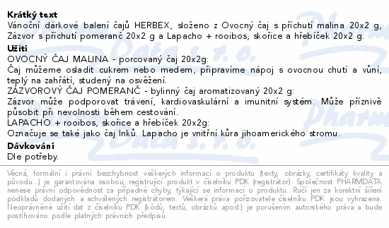 Vánoční dárkové balení čajů HERBEX, složeno z Ovocný čaj s příchutí malina 20x2 g, Zázvor s příchutí pomeranč 20x2 g a Lapacho + rooibos, skořice a hřebíček 20x2 g.