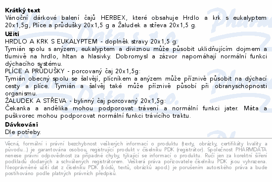 Vánoční dárkové balení čajů HERBEX, které obsahuje  Hrdlo a krk s eukalyptem 20x1,5g, Plíce a průdušky 20x1,5 g a Žaludek a střeva 20x1,5 g.