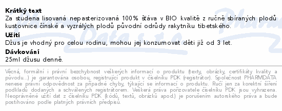 Za studena lisovaná nepasterizovaná 100% šťáva v BIO kvalitě z ručně sbíraných plodů kustovnice čínské a vyzrálých plodů původní odrůdy rakytníku tibetského.
