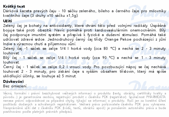 Dárková kazeta pravých čaju -  10 sáčku zeleného, bíleho a černého čaje pro milovníky kvalitního čaje (3 druhy x10 sáčku x1,5g).