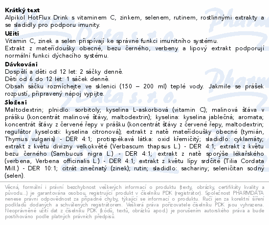 Alpikol HotFlux Drink s vitaminem C, zinkem, selenem, rutinem, rostlinnými extrakty a se sladidly pro podporu imunity.