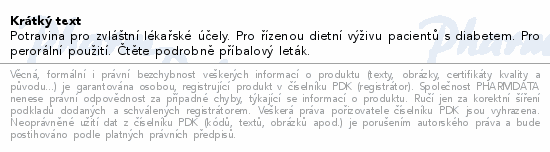 Potravina pro zvláštní lékařské účely. Pro řízenou dietní výživu pacientů s diabetem. Pro perorální použití. Čtěte pozorně příbalový leták.