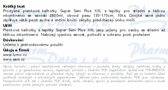 Prodyšné plenkové kalhotky Super Seni Plus XXL s lepítky pro střední a těžkou inkontinenci se savostí 2800ml, obvod pasu 130-170cm, 10ks. Dvojité savé jádro zajišťuje větší pocit sucha a vnitřní boční záhyby předcházejí úniku moči.