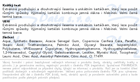 Extrémně prodlužující a dlouhotrvající řasenka s unikátním kartáčkem, který leze použit různými způsoby. Výjimečný kartáček kombinuje jemná vlákna i hřebínek. Velmi černá temná barva.