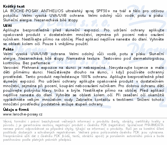 LA ROCHE-POSAY ANTHELIOS ultralehký sprej SPF50+ na tvář a tělo pro citlivou pokožku. Velmi vysoká UVA/UVB ochrana. Velmi odolný vůči vodě, potu a písku. Sluneční alergie. Nezanechává bílé stopy.