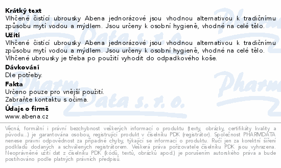 Vlhčené čistící ubrousky Abena jednorázové jsou vhodnou alternativou k tradičnímu způsobu mytí vodou a mýdlem. Jsou určeny k osobní hygieně, vhodné na celé tělo.
