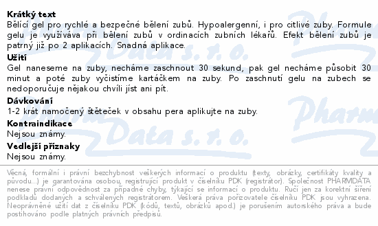 Bělící gel pro rychlé a bezpečné bělení zubů. Hypoalergenní, i pro citlivé zuby. Formule gelu je využíváva při bělení zubů v ordinacích zubních lékařů. Efekt bělení zubů je patrný již po 2 aplikacích. Snadná aplikace.