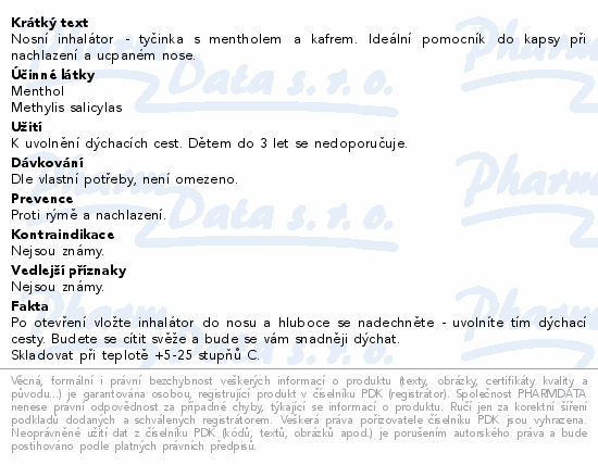 Nosní inhalátor - tyčinka s mentholem a kafrem. Ideální pomocník do kapsy při nachlazení a ucpaném nose.