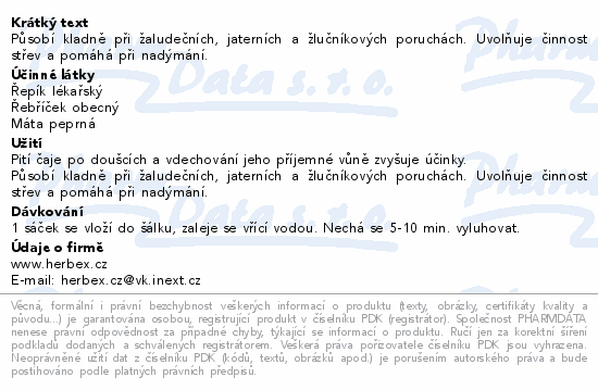 Působí kladně při žaludečních, jaterních a žlučníkových poruchách. Uvolňuje činnost střev a pomáhá při nadýmání.