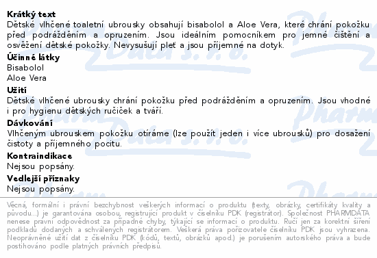 Dětské vlhčené toaletní ubrousky obsahují bisabolol a Aloe Vera, které chrání pokožku před podrážděním a opruzením. Jsou ideálním pomocníkem pro jemné čištění a osvěžení dětské pokožky. Nevysušují pleť a jsou příjemné na dotyk.