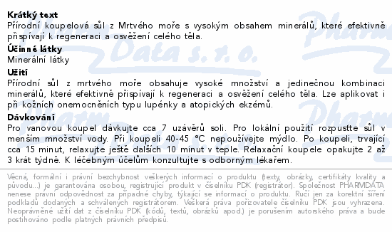 Přírodní koupelová sůl z Mrtvého moře s vysokým obsahem minerálů, které efektivně přispívají k regeneraci a osvěžení celého těla.