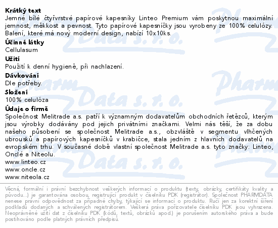 Jemné bílé čtyřvrstvé papírové kapesníky Linteo Premium vám poskytnou maximální jemnost, měkkost a pevnost. Tyto papírové kapesníčky jsou vyrobeny ze 100% celulózy. Balení, které má nový moderní design, nabízí 10x10ks.