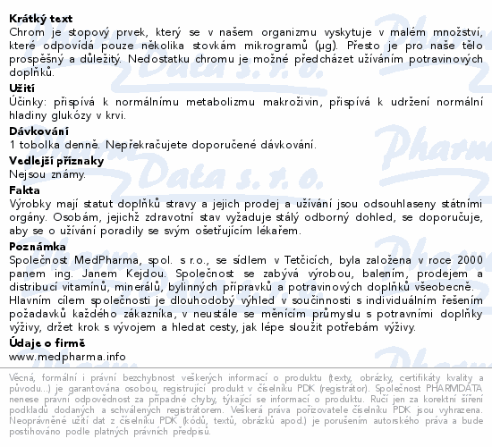 Chrom je stopový prvek, který se v našem organizmu vyskytuje v malém množství, které odpovídá pouze několika stovkám mikrogramů (µg). Přesto je pro naše tělo prospěšný a důležitý. Nedostatku chromu je možné předcházet užíváním potravinových doplňků.