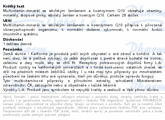 Multivitamín-minerál se sibiřským ženšenem a koenzymem Q10 obsahuje vitamíny, minerály, stopové prvky, sibiřský ženšen a koenzym Q10. Celkem 28 složek.