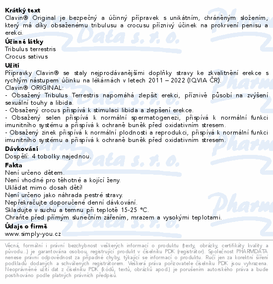 Clavin® Original je bezpečný a účinný přípravek s unikátním, chráněným složením, který má díky obsaženému tribulusu a crocusu příznivý účinek na prokrvení penisu a erekci.