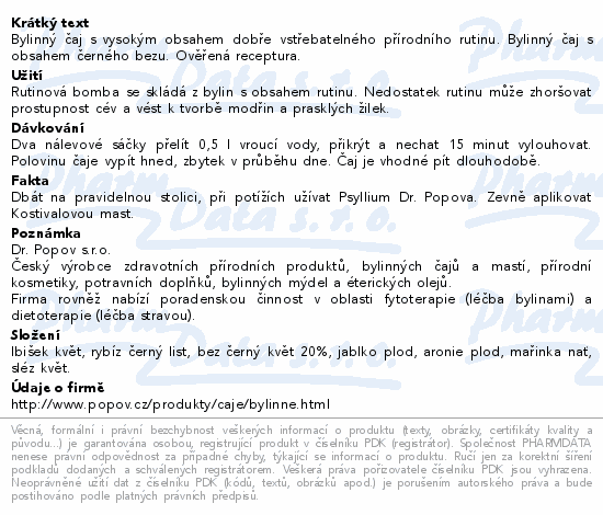 Bylinný čaj s vysokým obsahem dobře vstřebatelného přírodního rutinu. Bylinný čaj s obsahem černého bezu. Ověřená receptura.