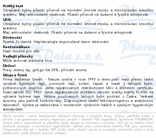 Obsažené byliny působí příznivě na normální činnost mozku a mikrocirkulaci krevního systému. Mají antioxidační vlastnosti. Působí příznivě na duševní a fyzické schopnosti.