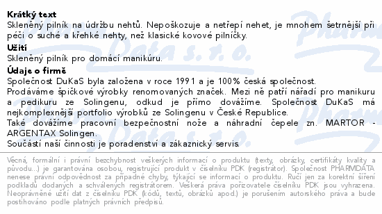 Skleněný pilník na údržbu nehtů. Nepoškozuje a netřepí nehet, je mnohem šetrnější při péči o suché a křehké nehty, než klasické kovové pilníčky.