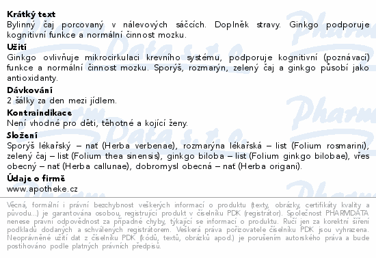 Bylinný čaj porcovaný v nálevových sáčcích. Doplněk stravy. Ginkgo podporuje kognitivní funkce a normální činnost mozku.