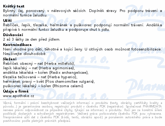 Bylinný čaj, porcovaný v nálevových sáčcích. Doplněk stravy. Pro podporu trávení a normální funkce žaludku.