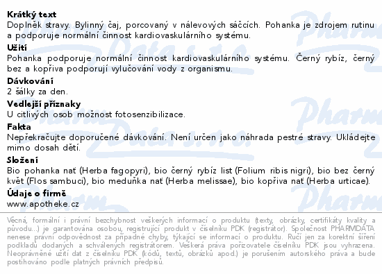 Doplněk stravy. Bylinný čaj, porcovaný v nálevových sáčcích. Pohanka je zdrojem rutinu a podporuje normální činnost kardiovaskulárního systému.
